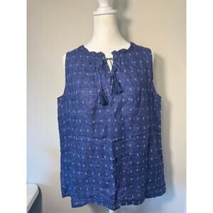 J. McLaughlin Dot Denim Blue Sleeveless Top with Tassels M